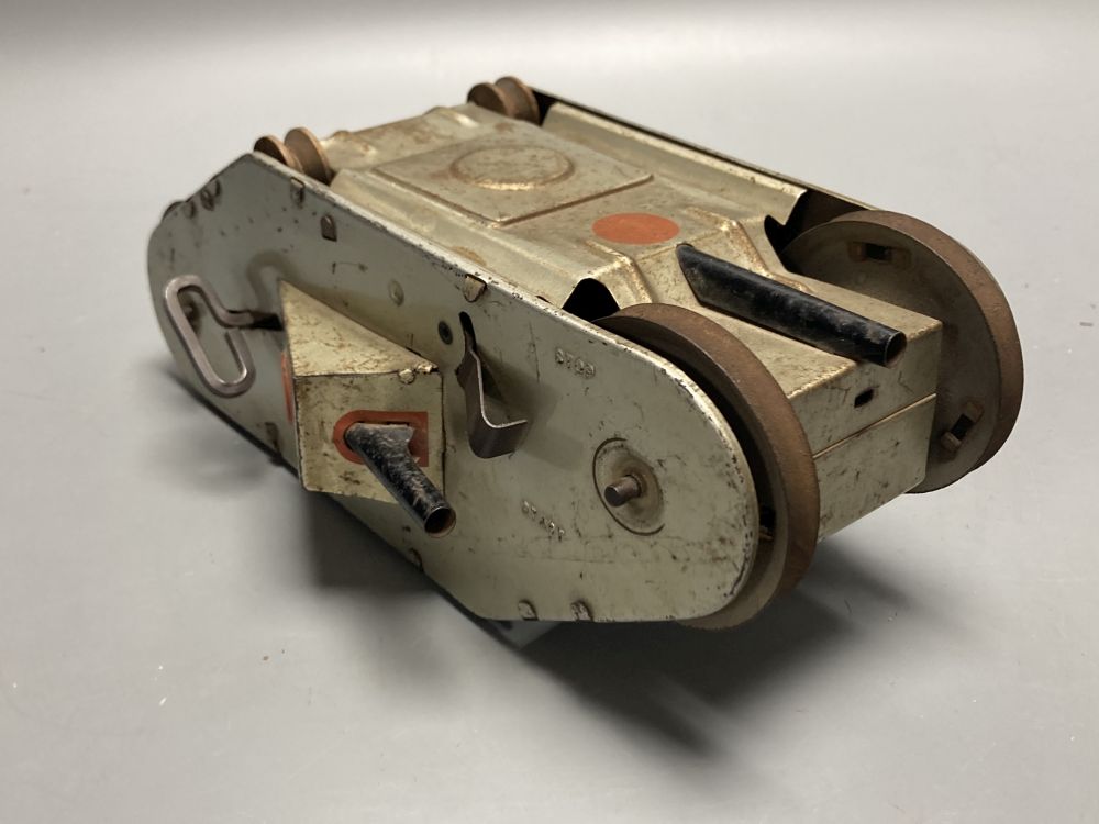 A tinplate clockwork WWI Turnover Tank, Louis Marx & Co, New York, circa 1932 (lacking trailer), L 22cm